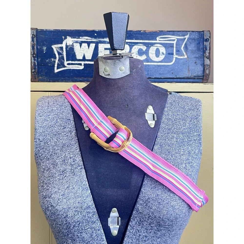 Vintage 1970s Preppy Nautical Pink Rainbow Stripe Belt W/Bamboo Buckle 39”